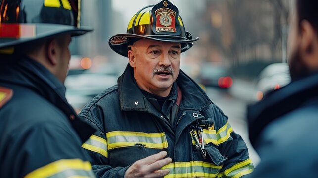 A fire chief in a distinguished protective uniform briefing a team of firefighters before an operation
