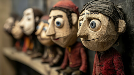 Handmade Wooden Puppets Displayed in a Row with Unique Features and Expressions