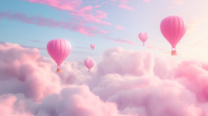 Obraz premium Pink Heart Shaped Hot Air Balloons Soar Through Pastel Clouds