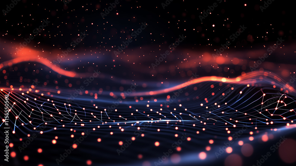 Poster abstract representation of data waves with glowing particles in dark space environment