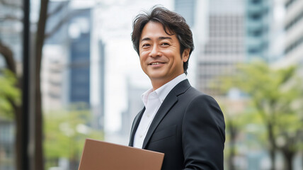 Fototapeta premium 都市でフォルダーを持つ日本人のビジネスマン