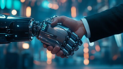 Businessman and robot handshake about tech innovation, machine learning progress and partnership with future Artificial General Intelligence