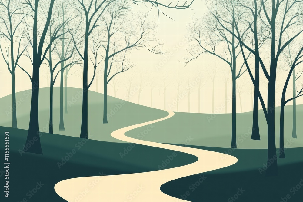 Poster Winding forest path invites exploration in a tranquil minimalist setting. Generative AI
