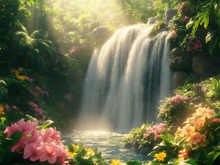 Sunlit waterfall cascading into lush tropical garden.