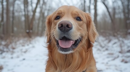Obraz premium Golden retriever in snowy forest winter scene