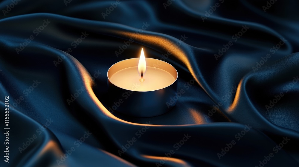 Leinwandbilder Single lit candle casting warm light on soft dark fabric in a serene and calming setting. Generative AI