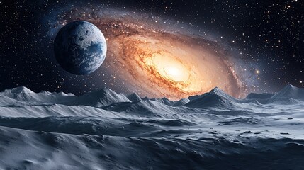 Exploring cosmic wonders earth and galaxy collision space digital art celestial scene panoramic...