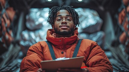 Young african male in warehouse with clipboard in red jacket