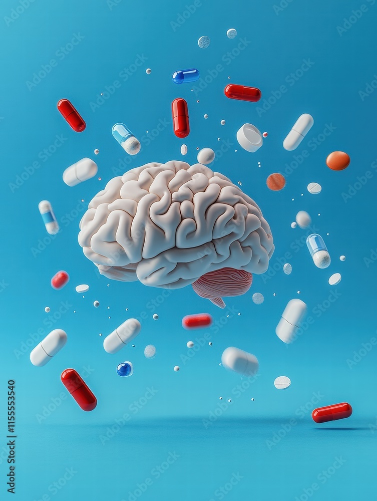 Aufkleber 3d model of a human brain surrounded by various colorful pills on a blue background. generative ai