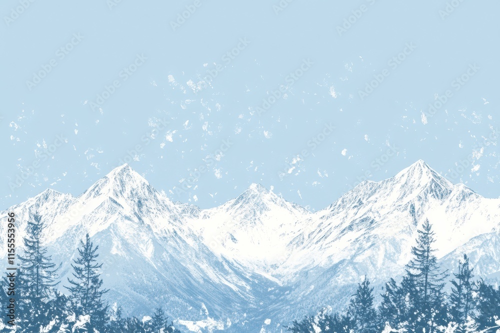 Leinwandbilder Winter doodle of snowy mountains and pine trees with minimalistic soft blue background for creative projects. Generative AI