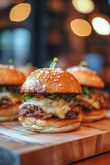 Warm and Delicious Sliders Served on a Wooden Board with Melted Cheese and Fresh Toppings in a Cafe Setting with a Soft Bokeh Background