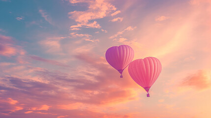 Fototapeta premium Two Pink Heart Shaped Hot Air Balloons Soaring Through Sunset Clouds