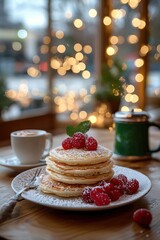 Soft and Thin Swedish Pancakes Stacked High with Fresh Raspberries and Powdered Sugar in a Cozy Cafe Setting with Beautiful Bokeh Background