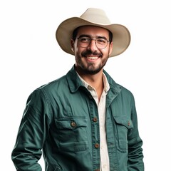 Fototapeta premium Portrait of a cheerful farmer wearing glasses and a hat, smiling confidently on a white background