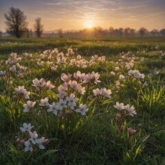 Fototapeta premium Spring blossoms in a dewy meadow during sunrise.