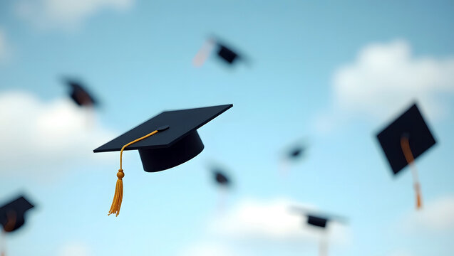 Graduation Caps Thrown in the Air, Congraturation Concept.