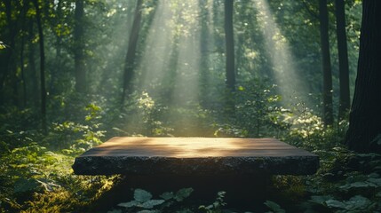 Elegant tree table podium glowing under dappled sunlight in a dense forest 