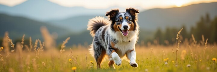 Fototapeta premium Australian Shepherd Joyfully Running Through a Golden Field at Sunset A Beautiful Display of Energy and Happiness