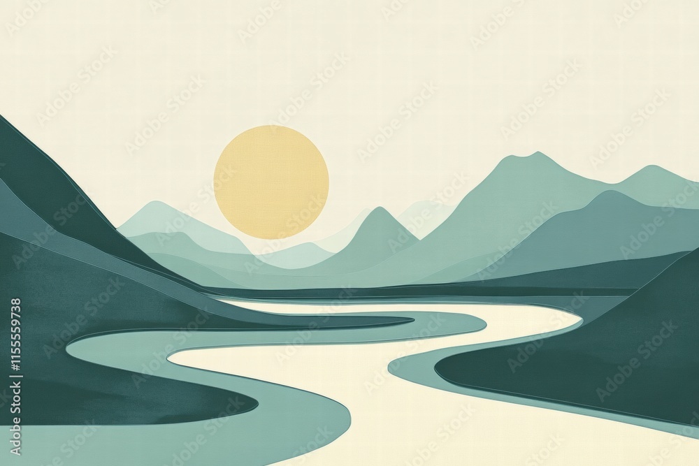 Poster Winding river through a serene mountain range with a minimalist design and ample space for text. Generative AI
