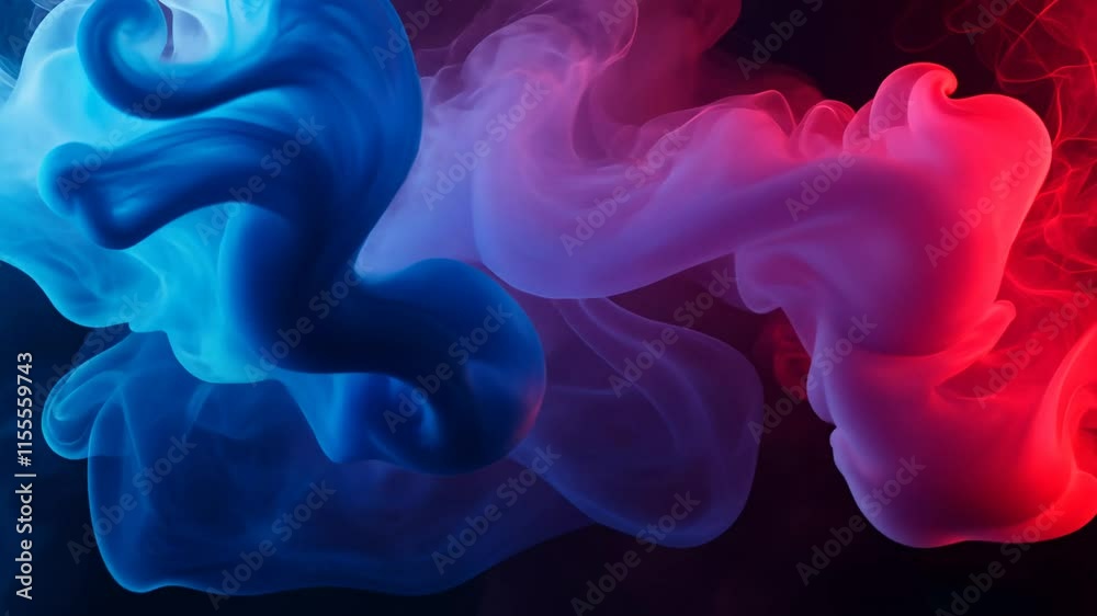 Poster Abstract swirls of colorful smoke in blue and red, dynamic movement. Artistic expression and creativity concept