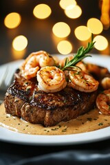Delicious Grilled Steak Topped with Creamy Cajun Shrimp Sauce on a Plate with a Soft Bokeh Cafe Background for Culinary Inspiration