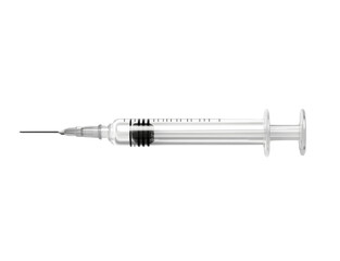 A front-view image of a small medical syringe with a clear barrel and plunger, showing realistic details, isolated on a white background
