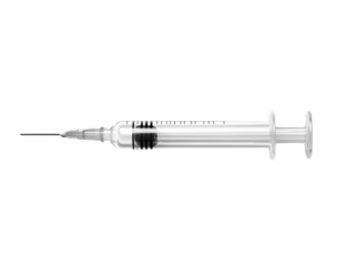 A front-view image of a small medical syringe with a clear barrel and plunger, showing realistic details, isolated on a white background