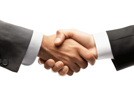 A front-facing view of two business partners shaking hands, dressed in professional suits, smiling, isolated on a white background for a corporate look