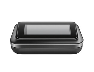 A realistic blood pressure monitor with a cuff and digital display, isolated on a white background, showing the device from the front