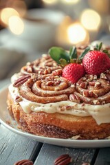 Soft Strawberry Cheesecake Cinnamon Rolls with Pecans on a Plate Surrounded by Warm Lights and a Cozy Atmosphere