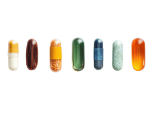 A small set of assorted pills and capsules, arranged in a row with different colors and shapes, isolated on a white background for a clean medical look