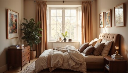 Fototapeta premium Cozy bedroom with soft bedding and decorative plants, warm natural light, inviting atmosphere