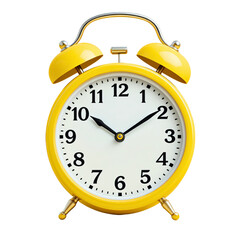 Yellow retro analog alarm clock with classic twin bells isolated on a transparent background