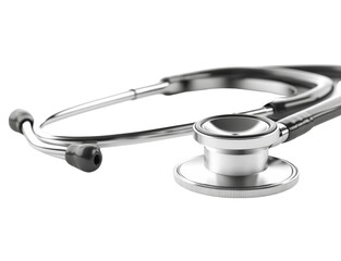 A classic stethoscope with a sleek, metallic finish, shown from the front with detailed tubing and chest piece, isolated on a white background 