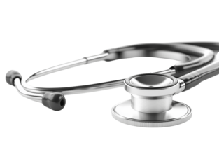 A classic stethoscope with a sleek, metallic finish, shown from the front with detailed tubing and chest piece, isolated on a white background 