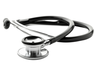 A classic stethoscope with a sleek, metallic finish, shown from the front with detailed tubing and chest piece, isolated on a white background 