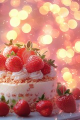 Delicious Strawberry Crunch Cheesecake with Bokeh Background Perfect for Cafe and Dessert Themes