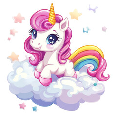 Naklejka premium Adorable Pink Unicorn on a Cloud with Rainbow Tail