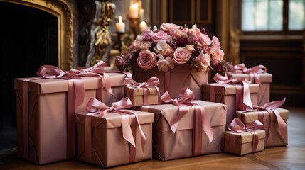 Wedding gifts WITH flowers in an elegant royal home interior,