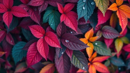 Colorful autumn leaves background with droplets for design and decoration