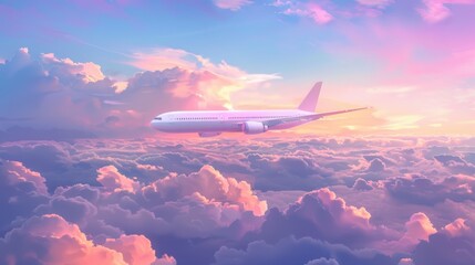 A simple aerial view of a plane above endless white clouds and pastel skies.
