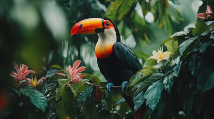 Obraz premium Colorful Toucan Perched Among Lush Tropical Foliage