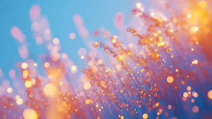 A dreamy scene with tall, glowing plants against a soft blue sky, adorned with bokeh lights creates a magical atmosphere.