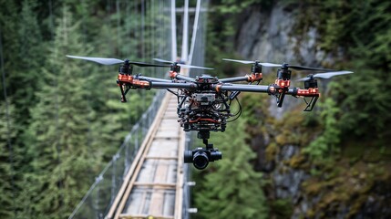 Drone Conducting Structural Inspection Over Suspension Bridge