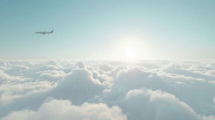 Fototapeta premium A minimalistic aerial view of an airplane above soft pastel clouds and sky.