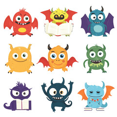 Obraz premium Nine Adorable Cartoon Monsters Reading Books