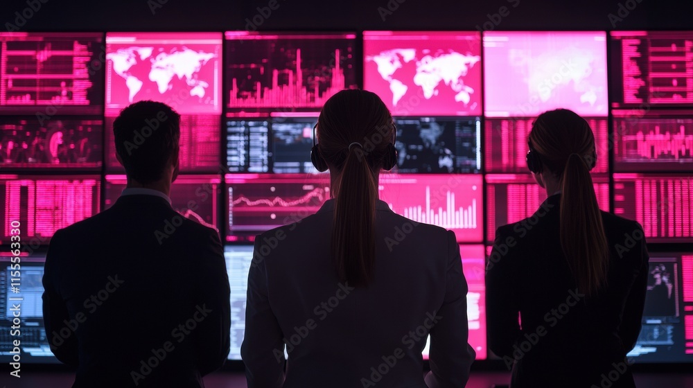 Poster business people observing global business data on multiple computer screens
