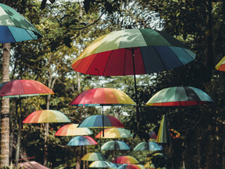 Balikpapan December 24,2024 Colorful umbrellas hanging over the street in lamin etam ambors km 28 balikpapan