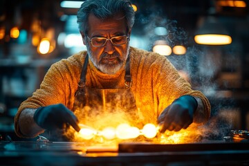 A glass artist in the workshop forms molten glass. Generative AI