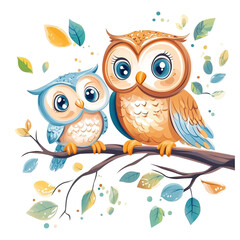 Obraz premium Adorable Owl Family on Branch